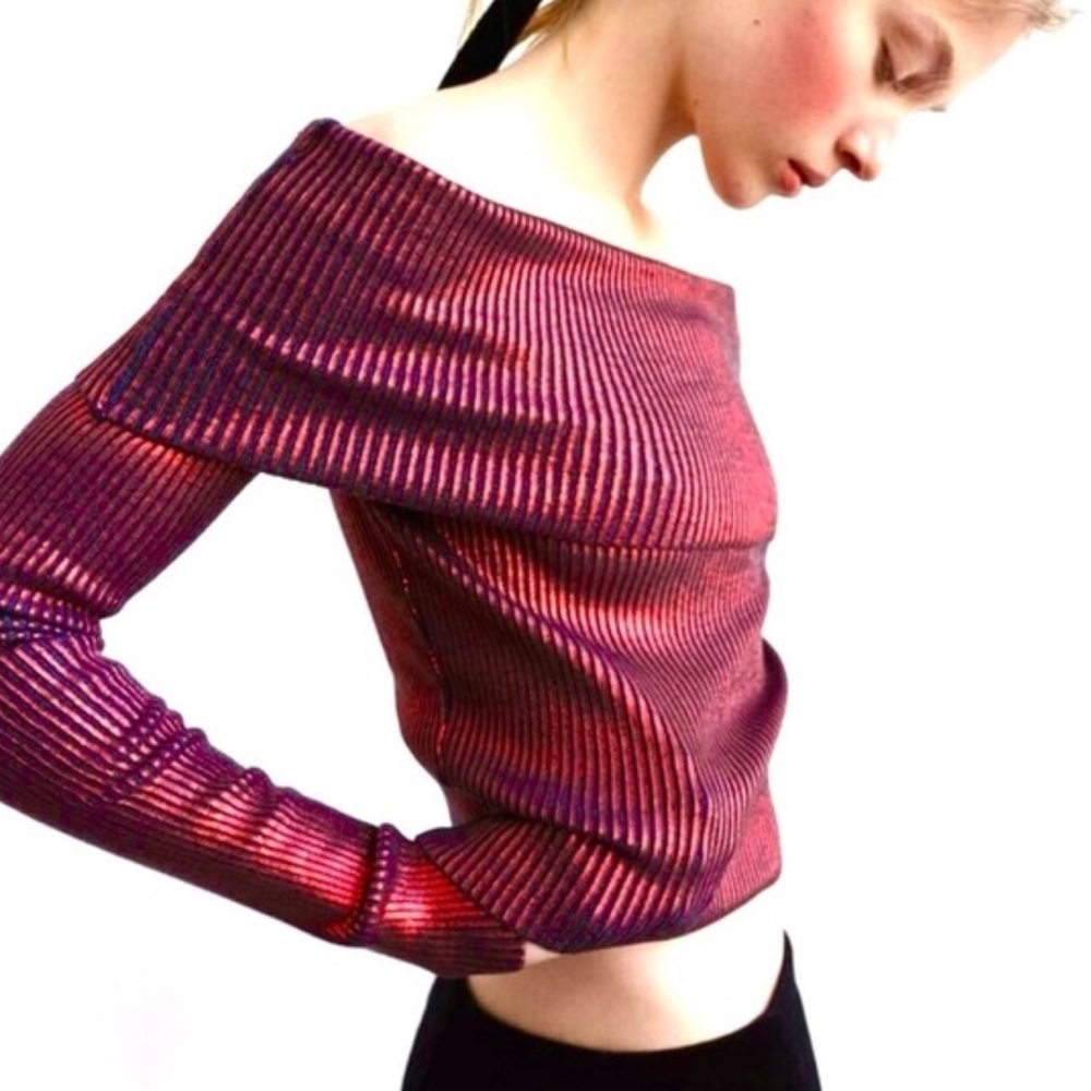 Zara off the shoulder long sleeve red sheen top.